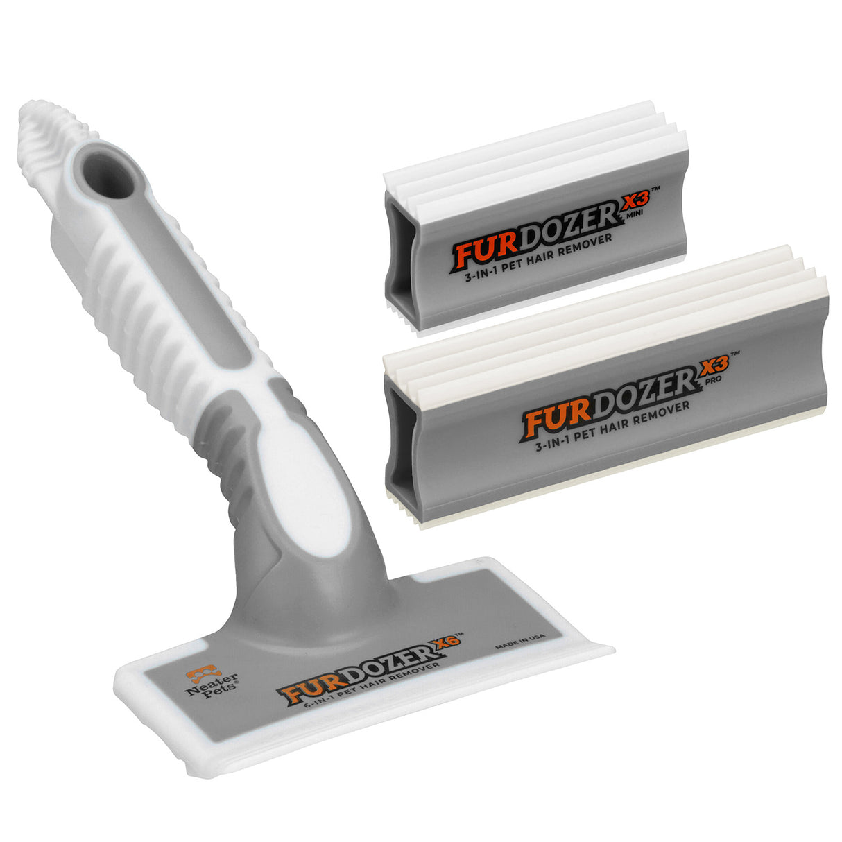 A bundle featuring grey FurDozer X6, X3 PRO, and X3 MINI on a white background.