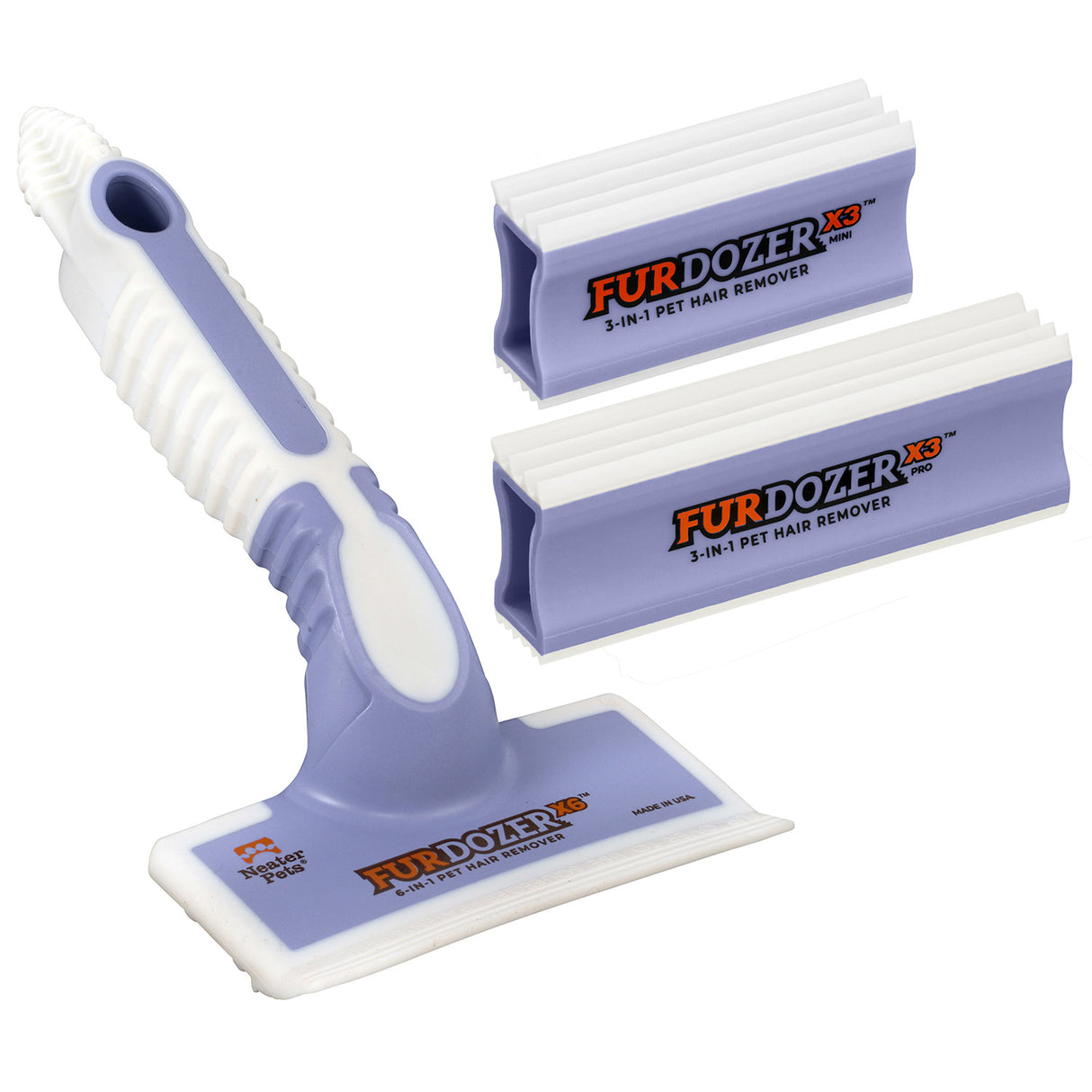 A bundle featuring purple FurDozer X6, X3 PRO, and X3 MINI on a white background.