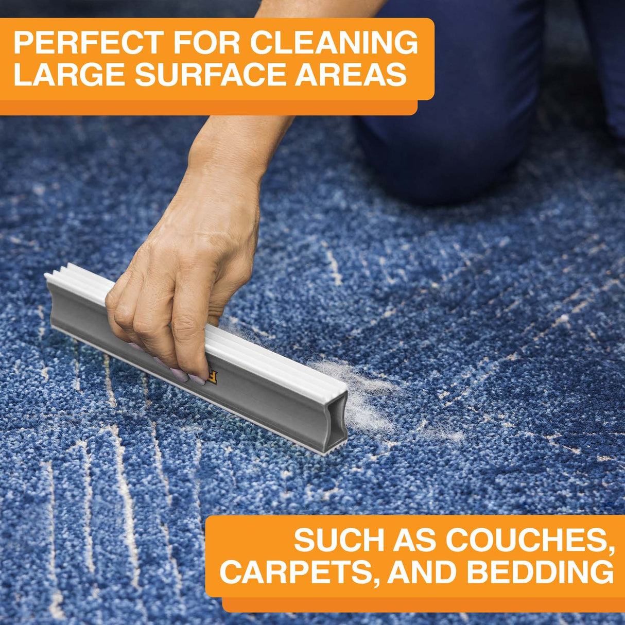 Person holding the Mega and cleaning a carpet with it. Text on screen reads: Perfect for cleaning large surface areas such as couches, carpets, and bedding.