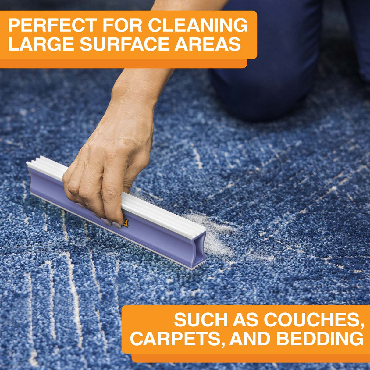 Person holding the Mega and cleaning a carpet with it. Text on screen reads: Perfect for cleaning large surface areas such as couches, carpets, and bedding.