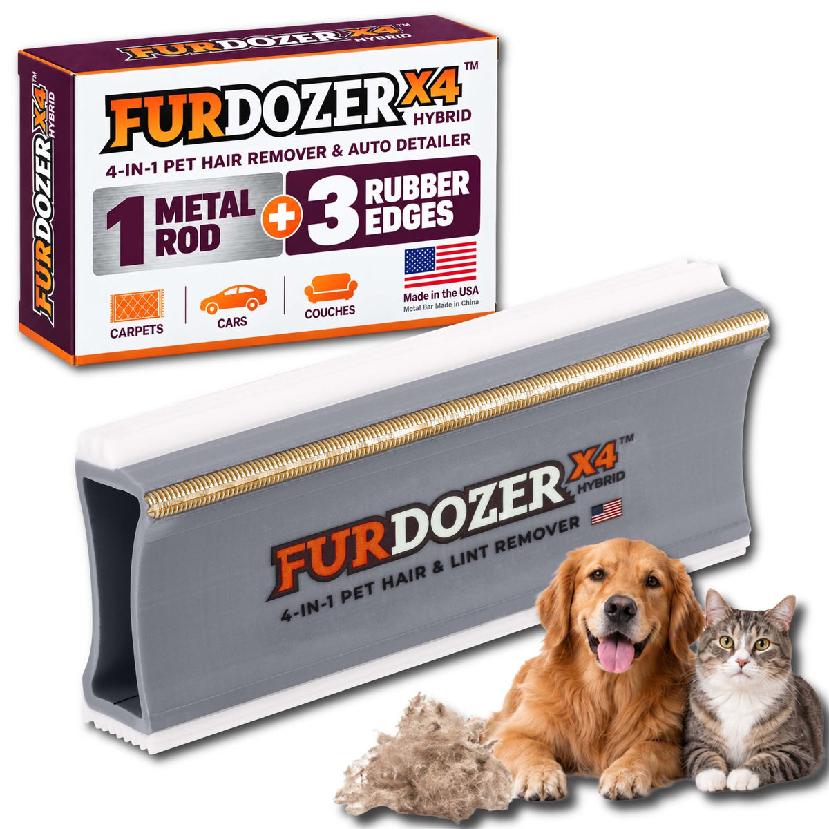 FurDozer X4 Hybrid pet hair remover tool shown with its retail box, plus a golden retriever and a tabby cat on a white background. The product is gray and white rectangular tool with a gold metal rod and rubber edges, and the box highlights a 4-in-1 pet hair remover and auto detailer function.