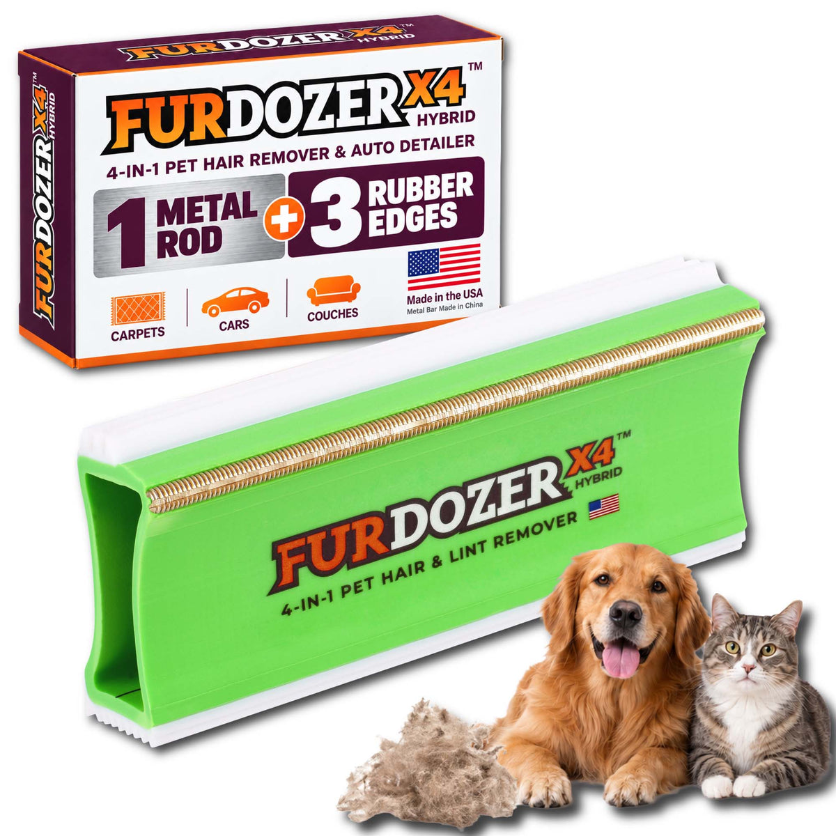 FurDozer X4 Hybrid pet hair remover tool shown with its retail box, plus a golden retriever and a tabby cat on a white background. The product is green and white rectangular tool with a gold metal rod and rubber edges, and the box highlights a 4-in-1 pet hair remover and auto detailer function.