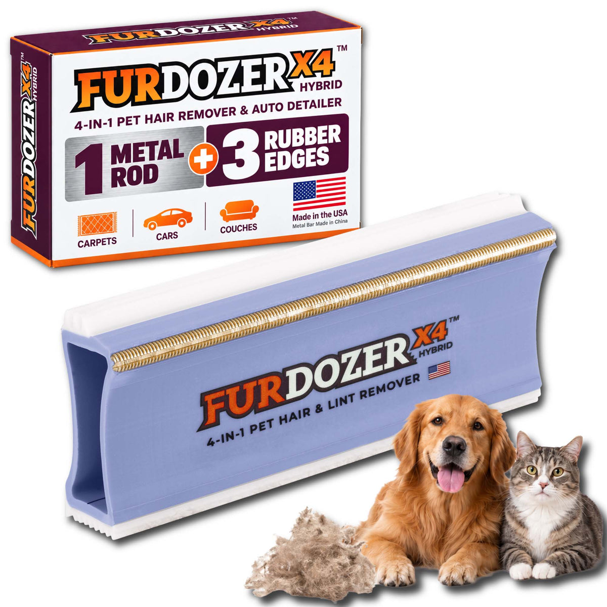 FurDozer X4 Hybrid pet hair remover tool shown with its retail box, plus a golden retriever and a tabby cat on a white background. The product is a light purple and white rectangular tool with a gold metal rod and rubber edges, and the box highlights a 4-in-1 pet hair remover and auto detailer function.