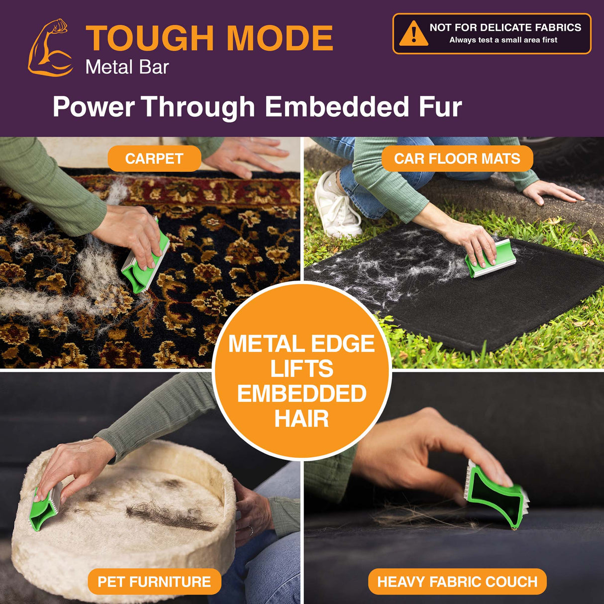 A collage for a metal bar pet hair remover tool, showing a person using the tool to lift embedded hair from carpets, car floor mats, pet furniture, and a heavy fabric couch. The image includes text labels such as 'TOUGH MODE Metal Bar', 'Power Through Embedded Fur', 'METAL EDGE LIFTS EMBEDDED HAIR', 'CARPET', 'CAR FLOOR MATS', 'PET FURNITURE', and 'HEAVY FABRIC COUCH'.
