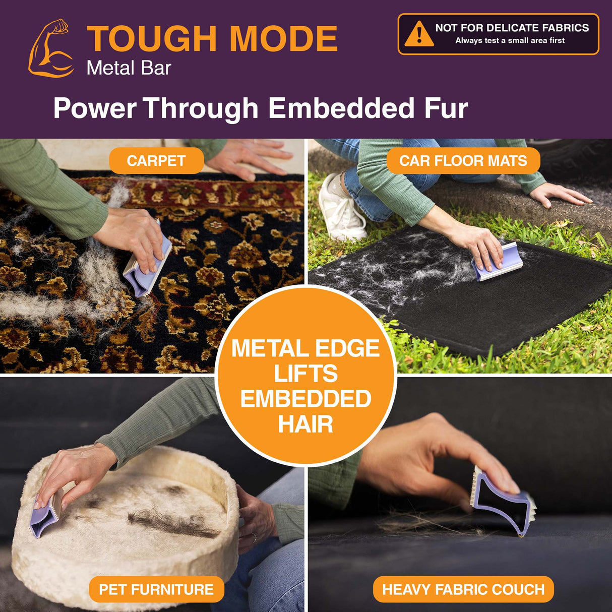 A collage for a metal bar pet hair remover tool, showing a person using the tool to lift embedded hair from carpets, car floor mats, pet furniture, and a heavy fabric couch. The image includes text labels such as 'TOUGH MODE Metal Bar', 'Power Through Embedded Fur', 'METAL EDGE LIFTS EMBEDDED HAIR', 'CARPET', 'CAR FLOOR MATS', 'PET FURNITURE', and 'HEAVY FABRIC COUCH'.