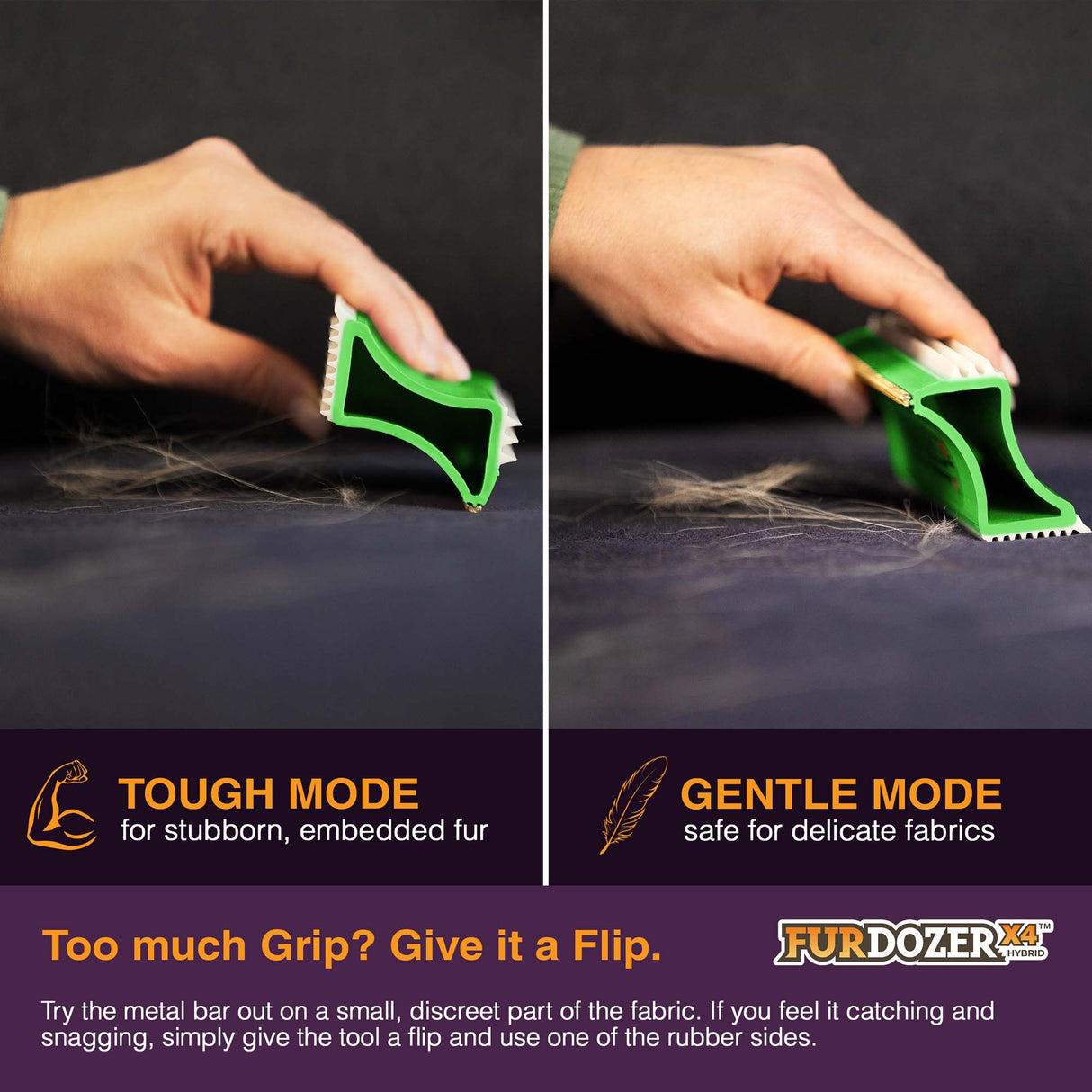 A split-screen demonstration of the FurDozer pet hair remover in two modes: 'Tough Mode' on the left and 'Gentle Mode' on the right. A human hand is shown holding the tool, demonstrating its grip on embedded fur on the left and its gentler interaction with delicate fabric on the right.