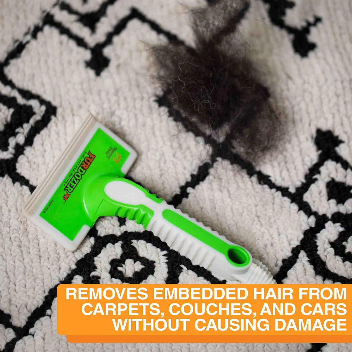 Close up picture of the X6 with a clump of hair. Text on screen reads: removes embedded hair from carpets, couches, and cars without causing damage.