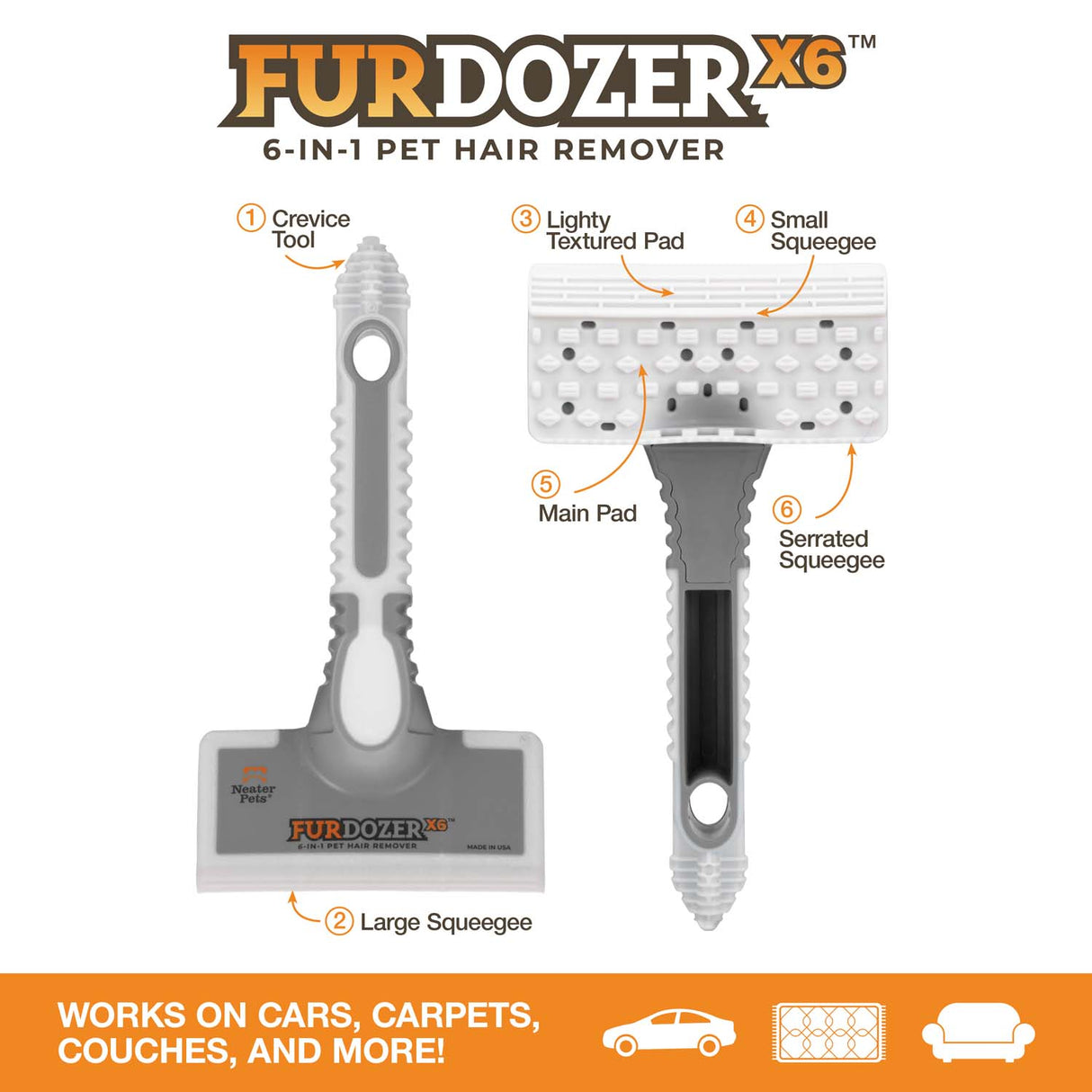 Diagram of the six features of the FurDozer X6: Main pad, crevice tool, large squeegee, serrated squeegee, small squeegee and lightly textured multi-ridge pad. Text on the bottom of the screen reads: Works on cars, carpets, couches, and more!