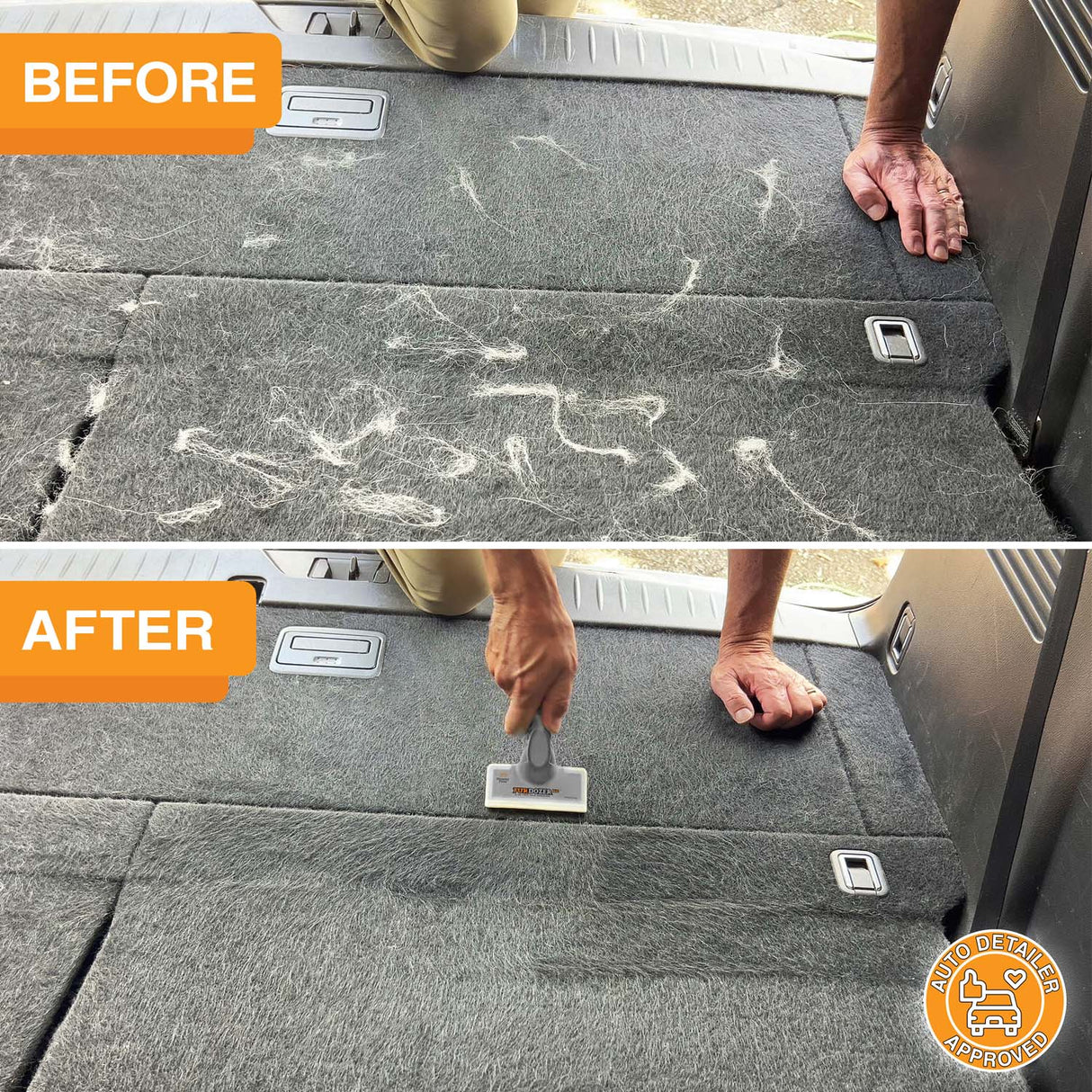 Before picture of a car trunk covered in pet hair and then an after picture clean of pet hair thanks to the FurDozer