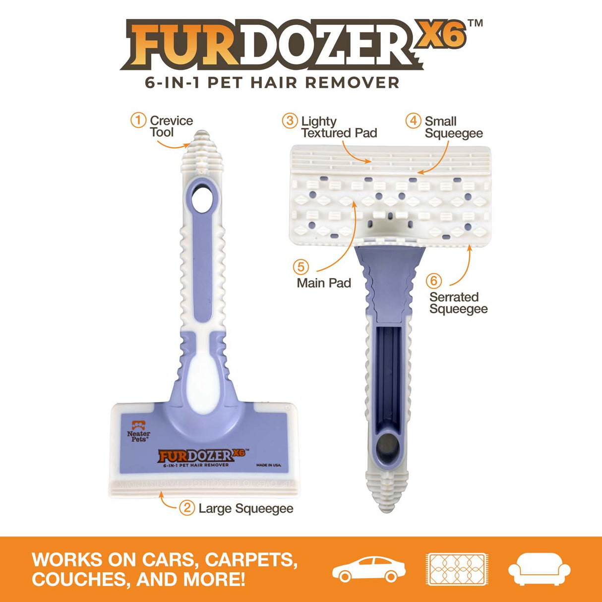 Diagram of the six features of the FurDozer X6: Main pad, crevice tool, large squeegee, serrated squeegee, small squeegee and lightly textured multi-ridge pad. Text on the bottom of the screen reads: Works on cars, carpets, couches, and more!