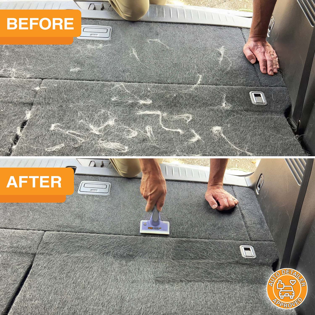 Before picture of a car trunk covered in pet hair and then an after picture clean of pet hair thanks to the FurDozer