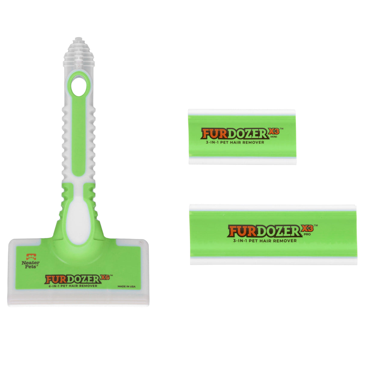 Green Furdozer X6, FurDozer Mini, and FurDozer Pro on a white background.