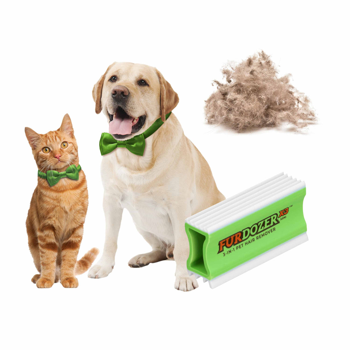 Dog and cat with green FurDozer X3 MINI with a pile of pet hair behind them on a white background.