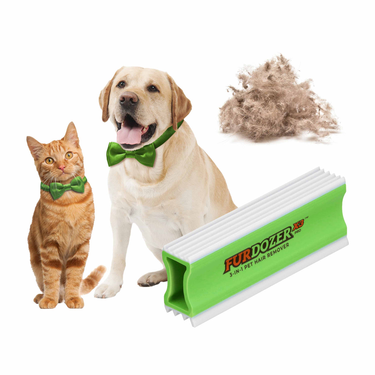 Dog and cat with green FurDozer X3 Pro with a pile of pet hair behind them on a white background.
