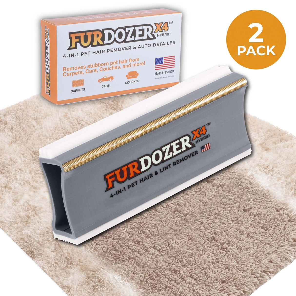 FurDozer X4 Pet Hair Remover and Lint Remover tool shown in front of its retail box on a beige shag rug with a streak of clean carpet under the FurDozer. There is an icon saying that it is a 2 pack. The FurDozer is a gray color.