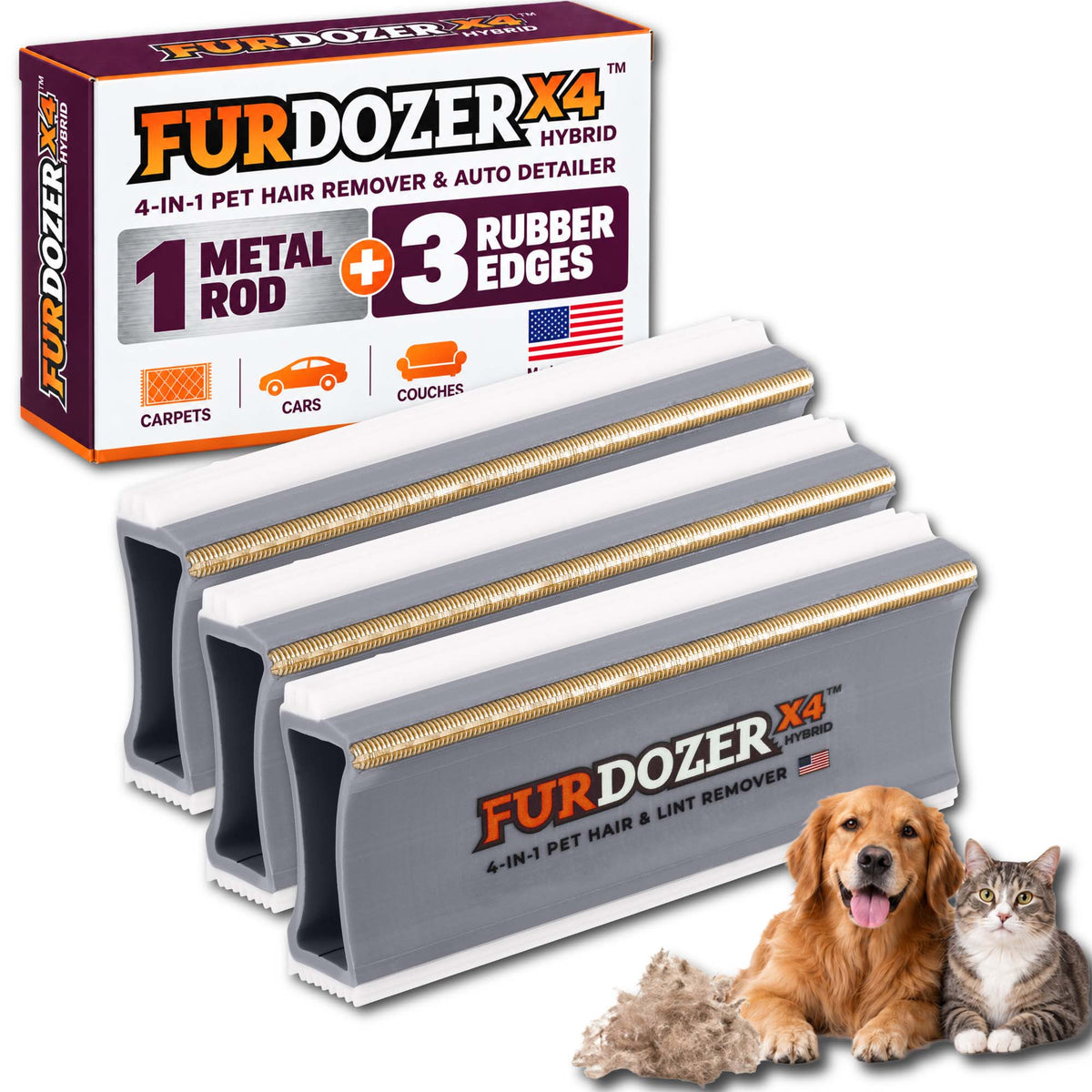Three FurDozer X4 Hybrid pet hair remover tools shown with its retail box, plus a golden retriever and a tabby cat on a white background. The product is a gray and white rectangular tool with a gold metal rod and rubber edges, and the box highlights a 4-in-1 pet hair remover and auto detailer function.