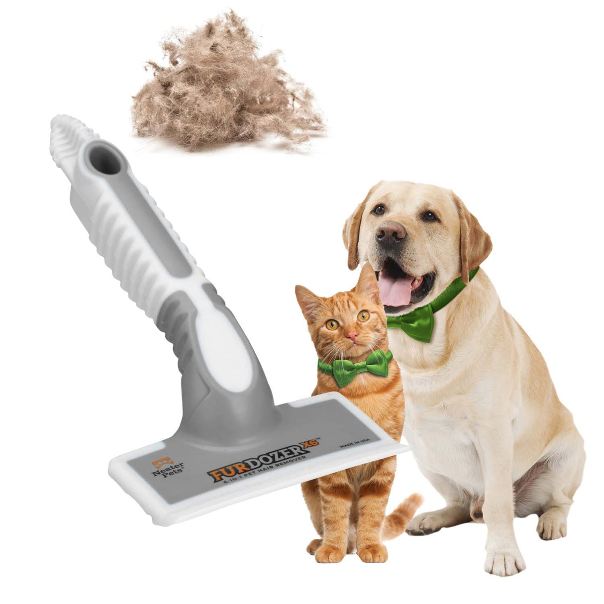 Grey FurDozer X6 with a clump of hair with a dog and a cat on a white background.