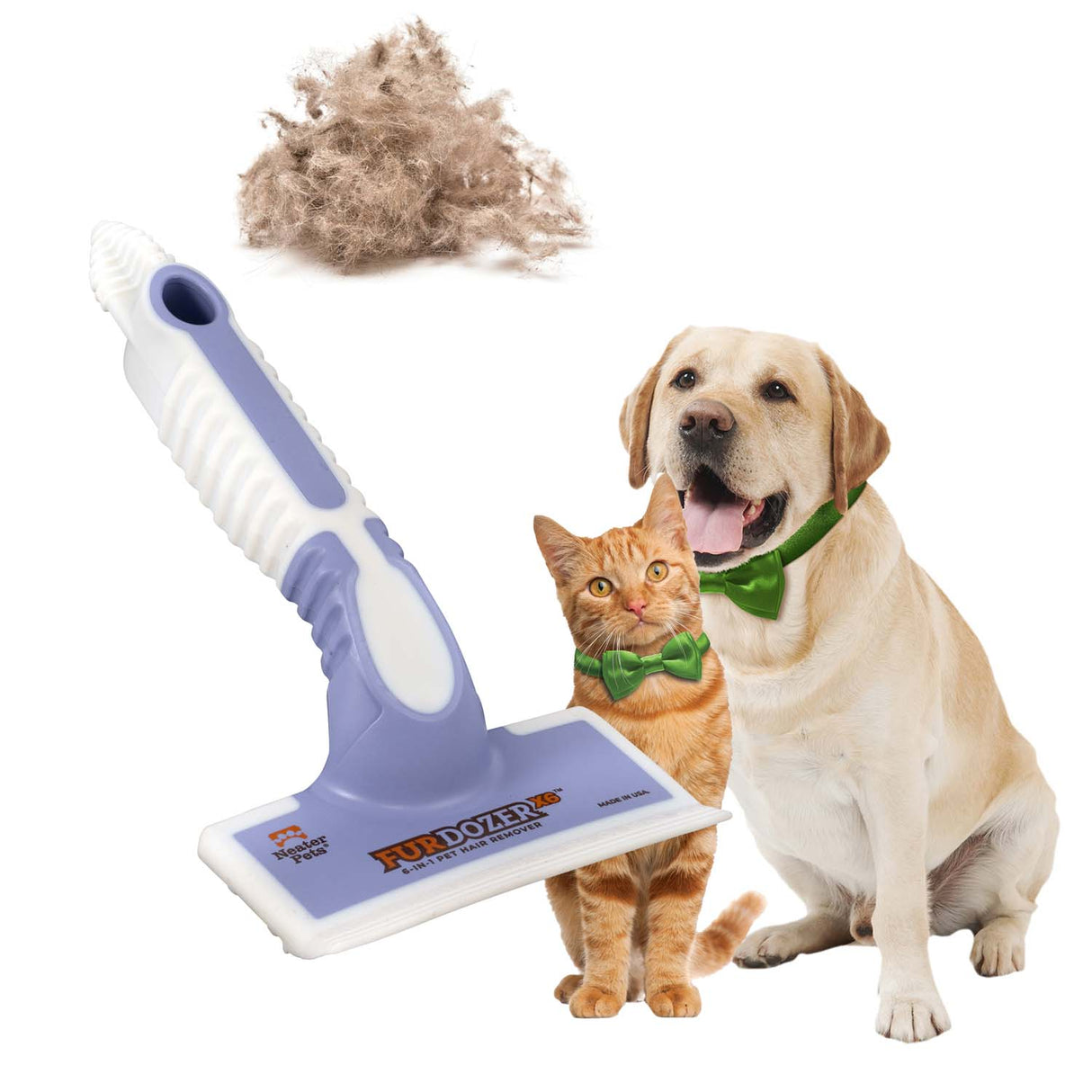 Purple FurDozer X6 with a clump of hair and a cat and dog on a white background.