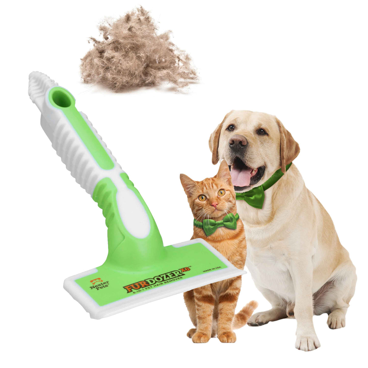 Green FurDozer X6 with a pile of hair with a dog and cat on a white background.