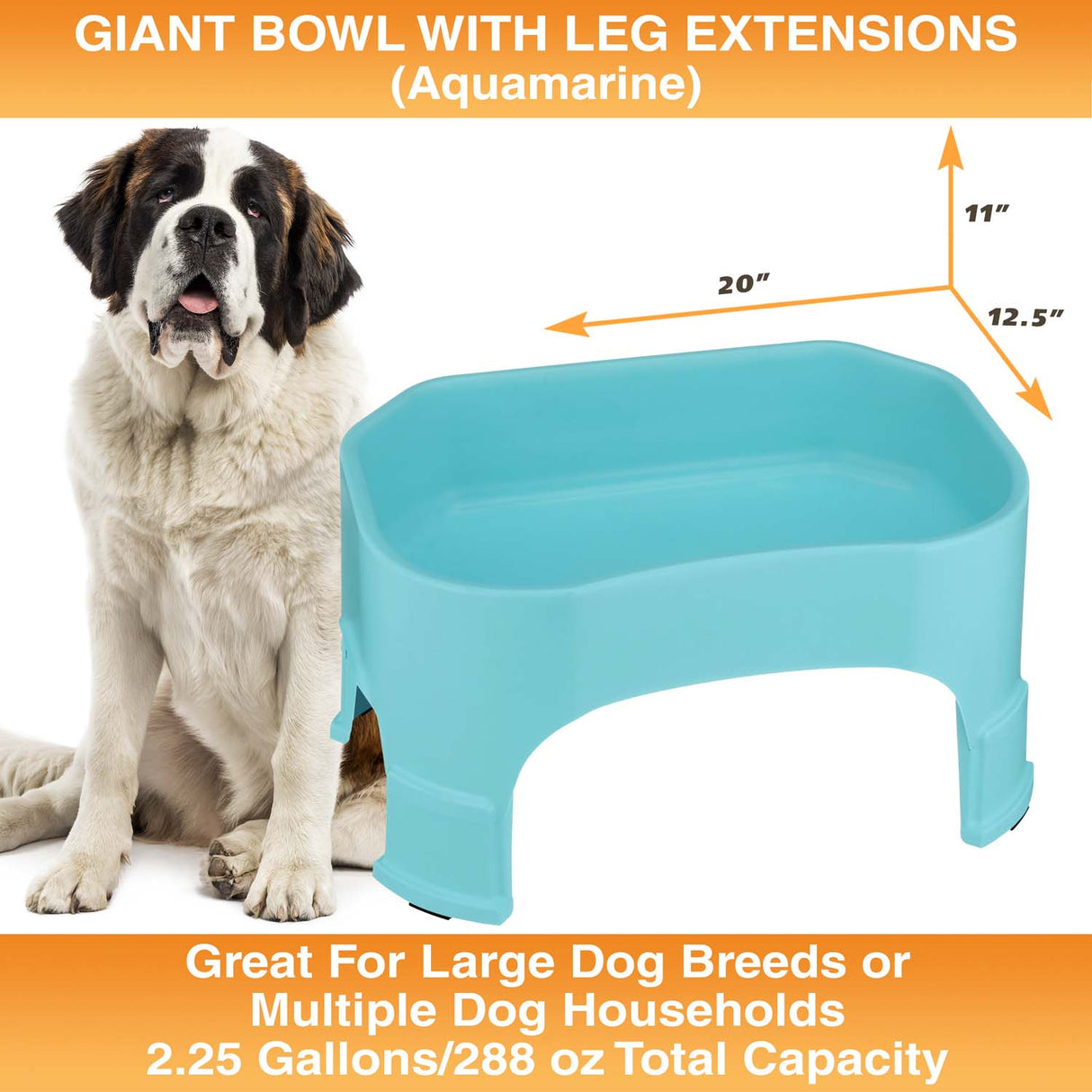 Giant Bowl with Leg Extensions measures 20"L x 12.5"W x 11"H