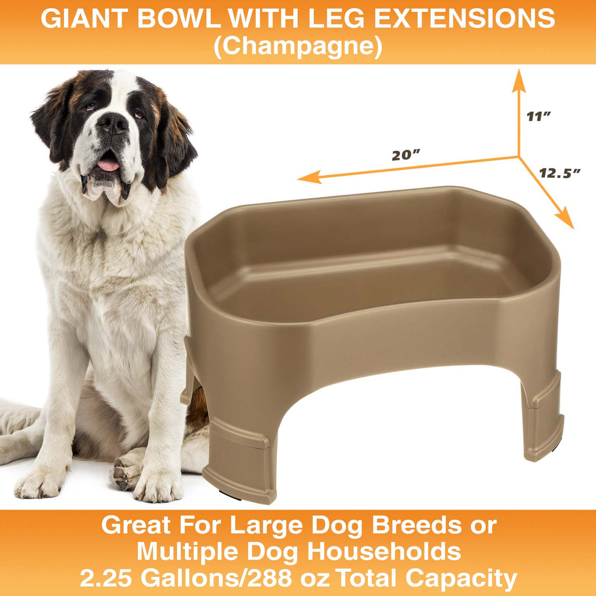 Giant Bowl with Leg Extensions measures 20"L x 12.5"W x 11"H
