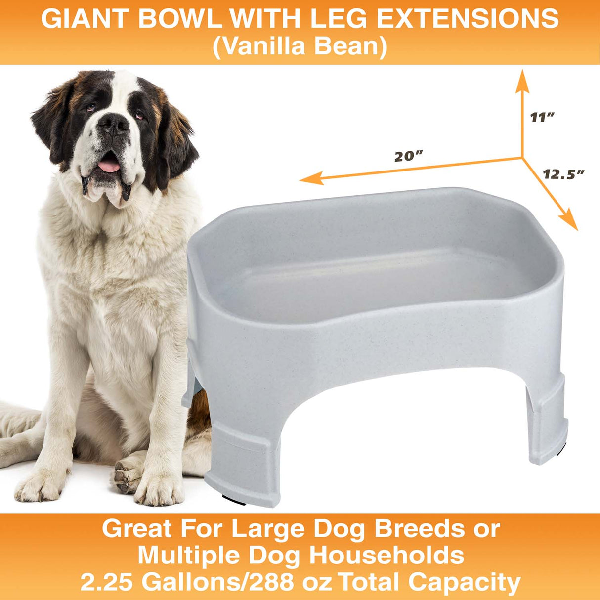 Giant Bowl with Leg Extensions measures 20"L x 12.5"W x 11"H