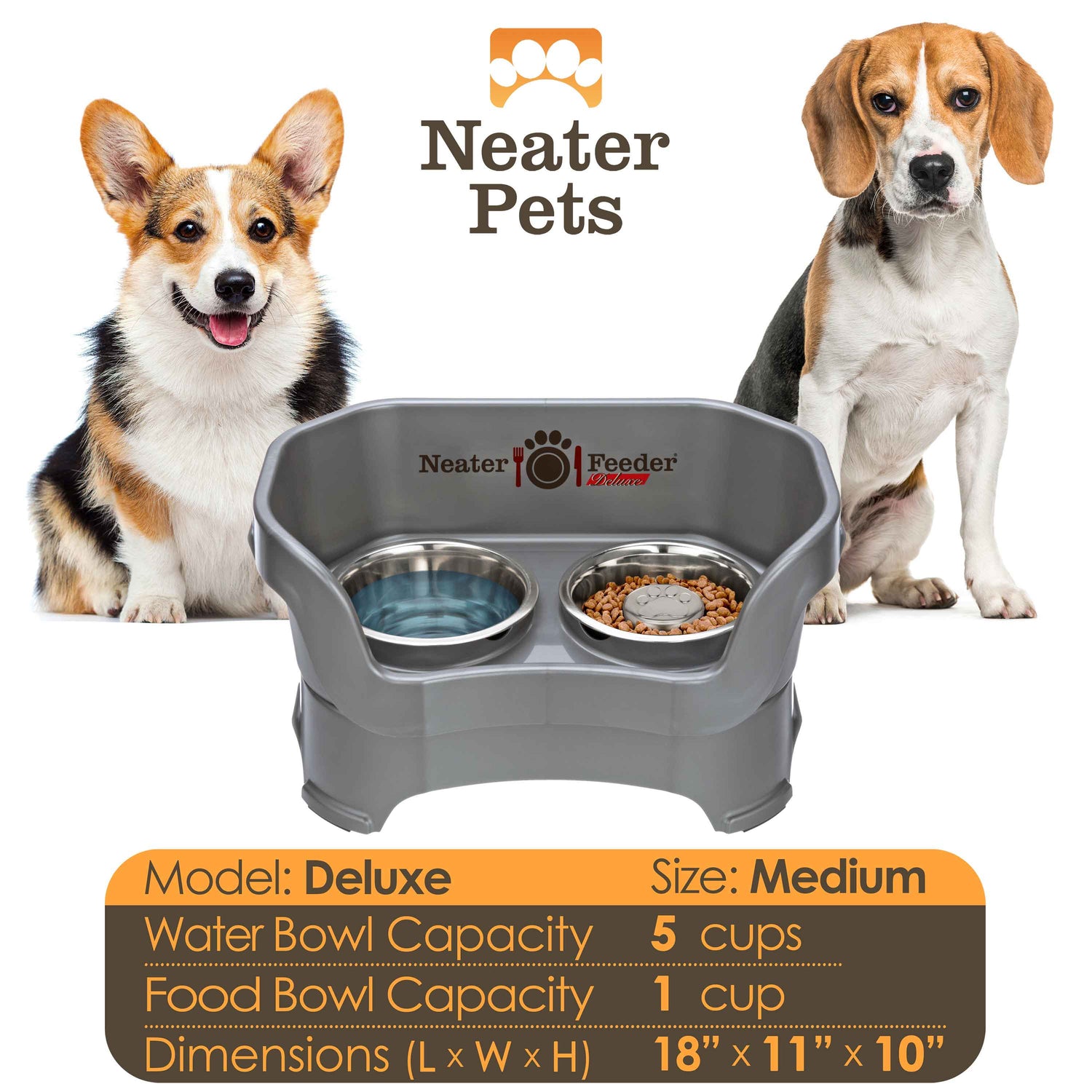 A chart displaying the Deluxe medium with Slow Feed bowl capacity and dimensions, with two medium-sized dog next to the chart.