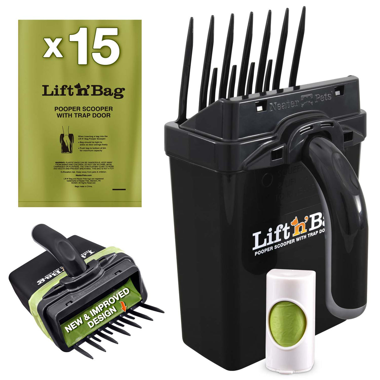 Pet pooper scooper set with 'Lift 'n Bag' packaging on a white background