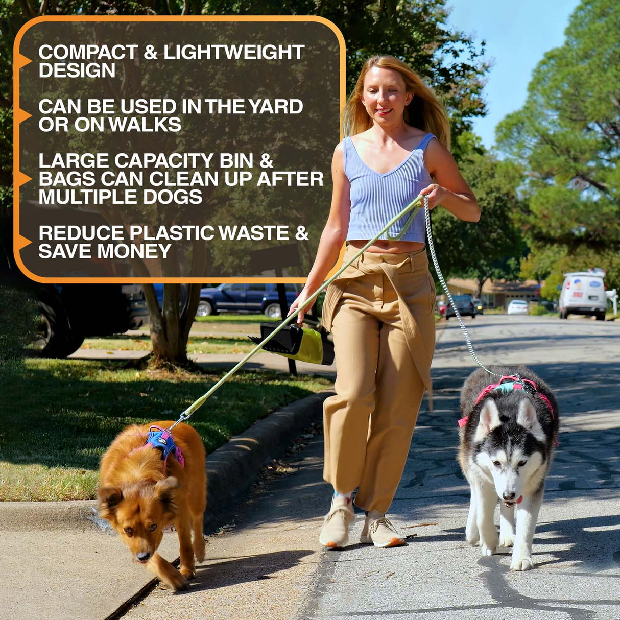 A woman walks two dogs down the street on leashes while holding the Lift N' Bag in her other hand. Text on screen highlights several key features: compact and lightweight design, can be used in the yard or on walks, large capacity bin and bags can clean up after multiple dogs, reduce plastic waste, and save money.