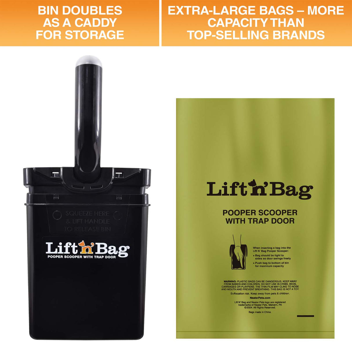 Two images are on screen. One shows that the top of the Lift N' Bag can be placed upside down in the bin that doubles as a caddy. The next image displays the bag and notes that it's larger than other top-selling brands.