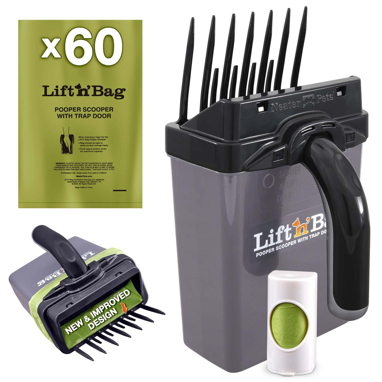 Pet waste management kit with 'Lift 'n Bag' pooper scooper and bags on a white background