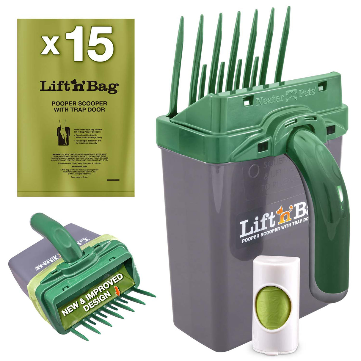 Lift 'n' Bag pooper scooper with trap door on a white background