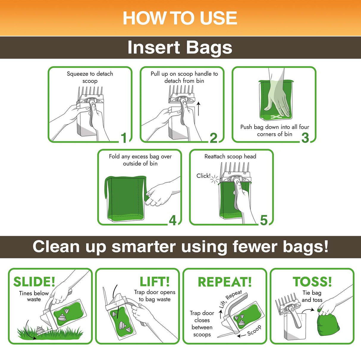 Two diagrams explaining how to insert the bag inside the bin and how to pick up pet waste using the Lift N' Bag.