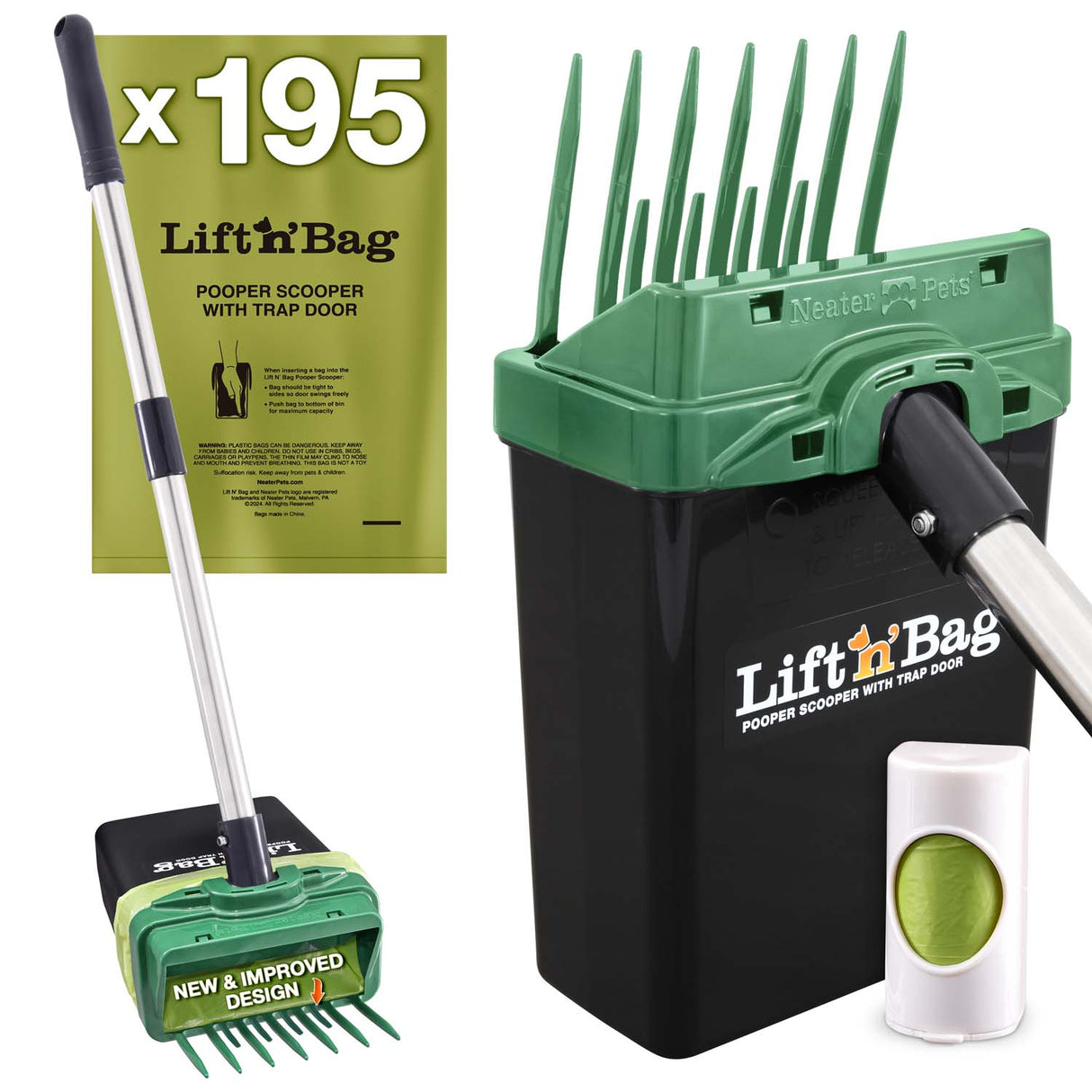 Lift N' Bag pooper scooper pole version and bags. On the left side shows the full height of the pole. On the right is a close-up of the bin.