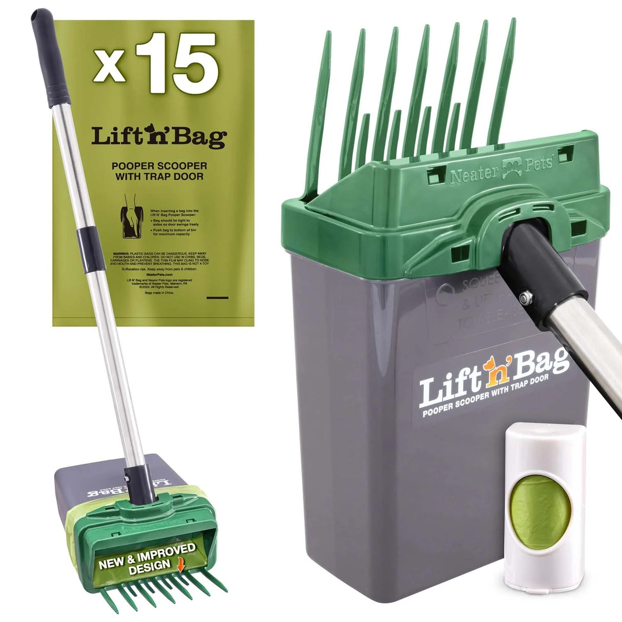 Pet waste management system with scoop, trap door, and bag holder on a white background