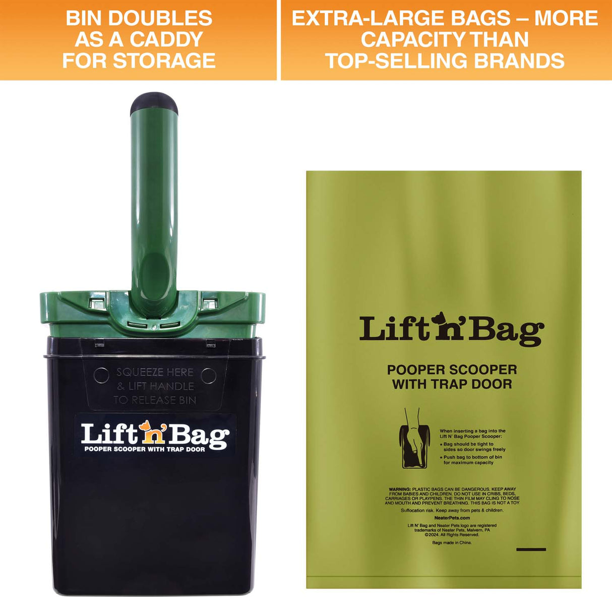 Two images are on screen. One shows that the top of the Lift N' Bag can be placed upside down in the bin that doubles as a caddy. The next image displays the bag and notes that it's larger than other top-selling brands.