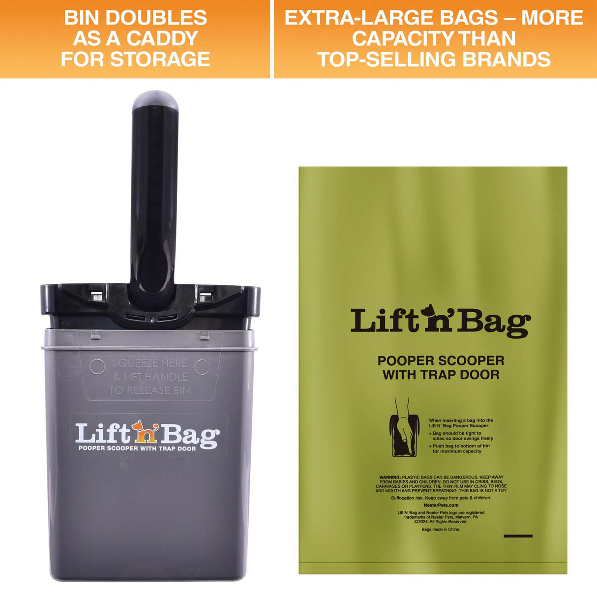 Two images are on screen. One shows that the top of the Lift N' Bag can be placed upside down in the bin that doubles as a caddy. The next image displays the bag and notes that it's larger than other top-selling brands.