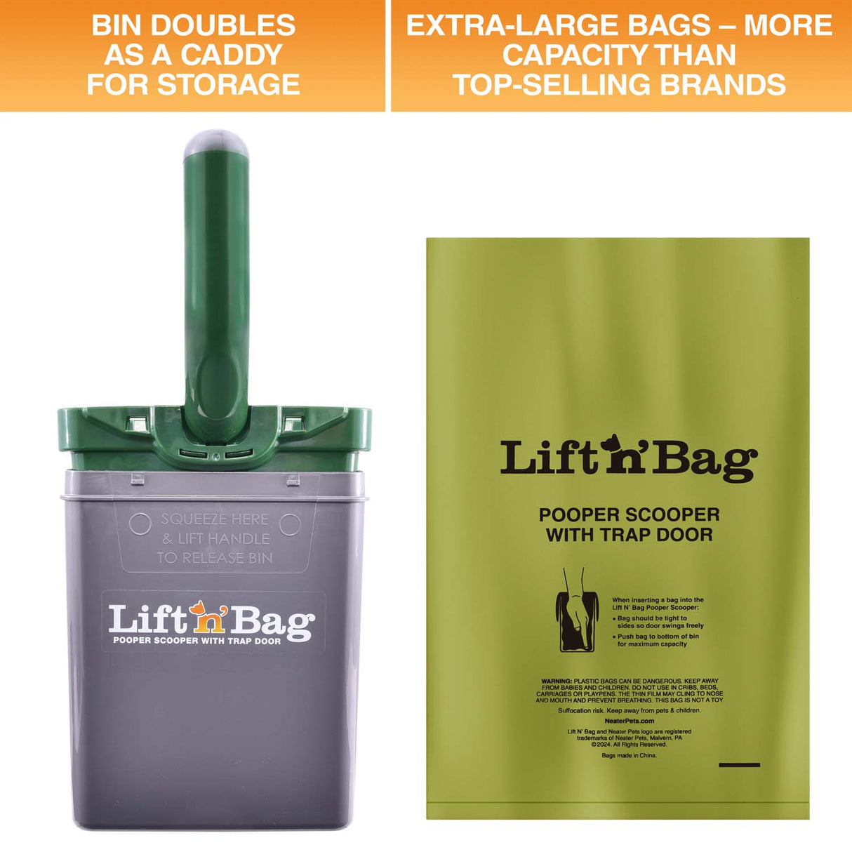 Two images are on screen. One shows that the top of the Lift N' Bag can be placed upside down in the bin that doubles as a caddy. The next image displays the bag and notes that it's larger than other top-selling brands.