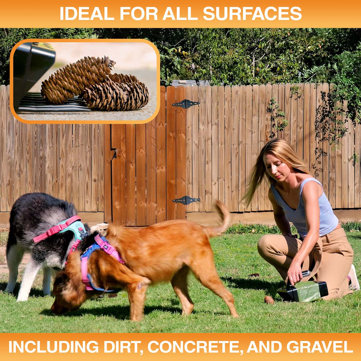 A woman is cleaning up dog waste in the grass with two large dogs near her. Text on screen reads: Ideal for all surfaces. Including dirt, concrete, and gravel.