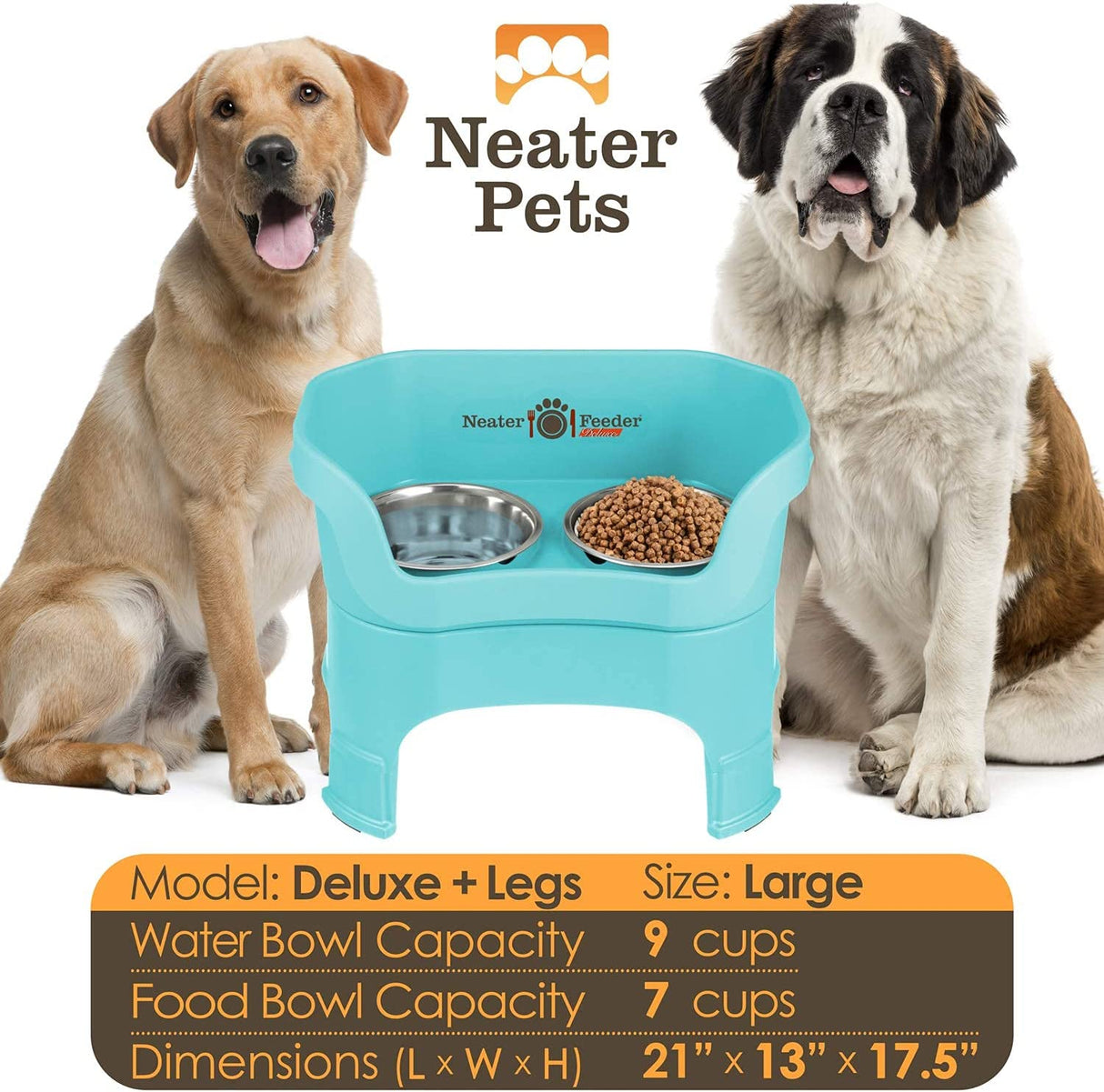 A chart displaying the Deluxe large with and leg extension bowl capacity and dimensions, with two large sized dogs next to the chart.