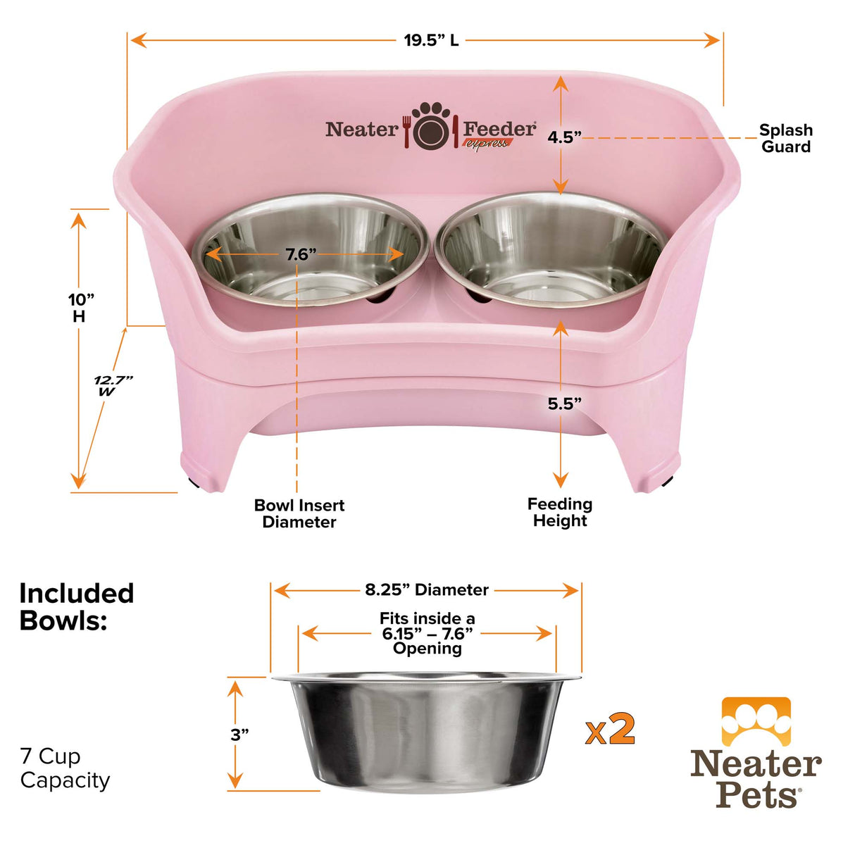 A chart showing the dimensions of the Neater Feeder Express medium to large as well as the stainless steel bowls against a white background.