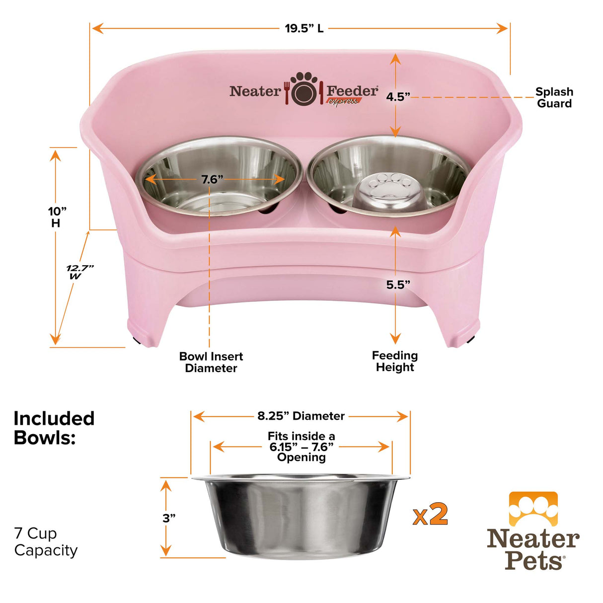 Dimensions of medium to large Almond EXPRESS Neater Feeder, 3 cup Stainless Steel Slow Feed Bowl, and 7 cup water bowl