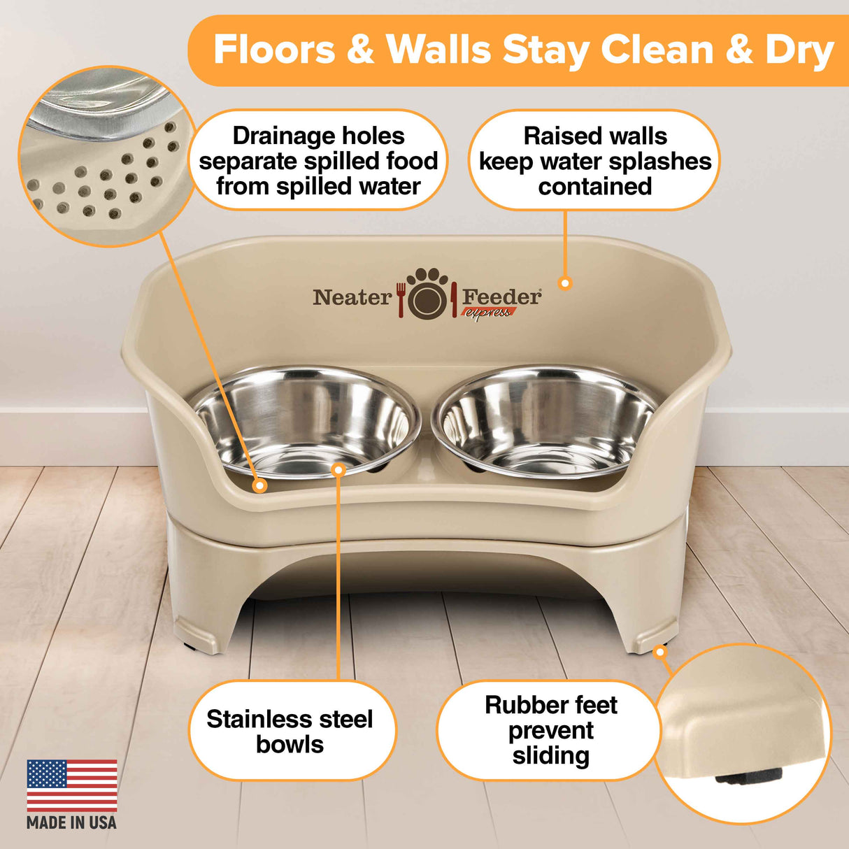 Picture explaining the benefits of the Neater Feeder: drainage holes, raised walls, stainless steel bowls, and rubber feet.