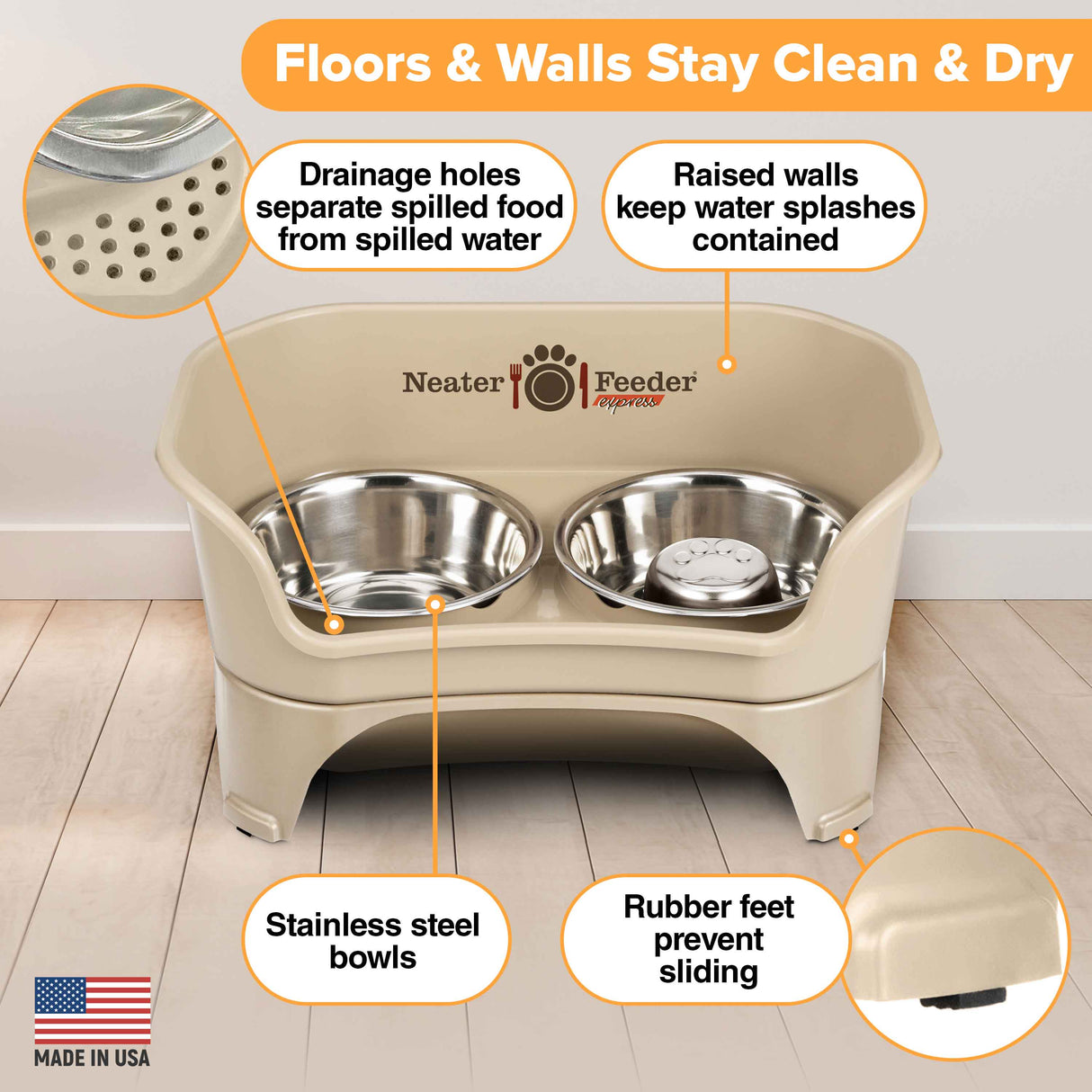 Picture explaining the benefits of the Neater Feeder: drainage holes, raised walls, stainless steel bowls, and rubber feet.