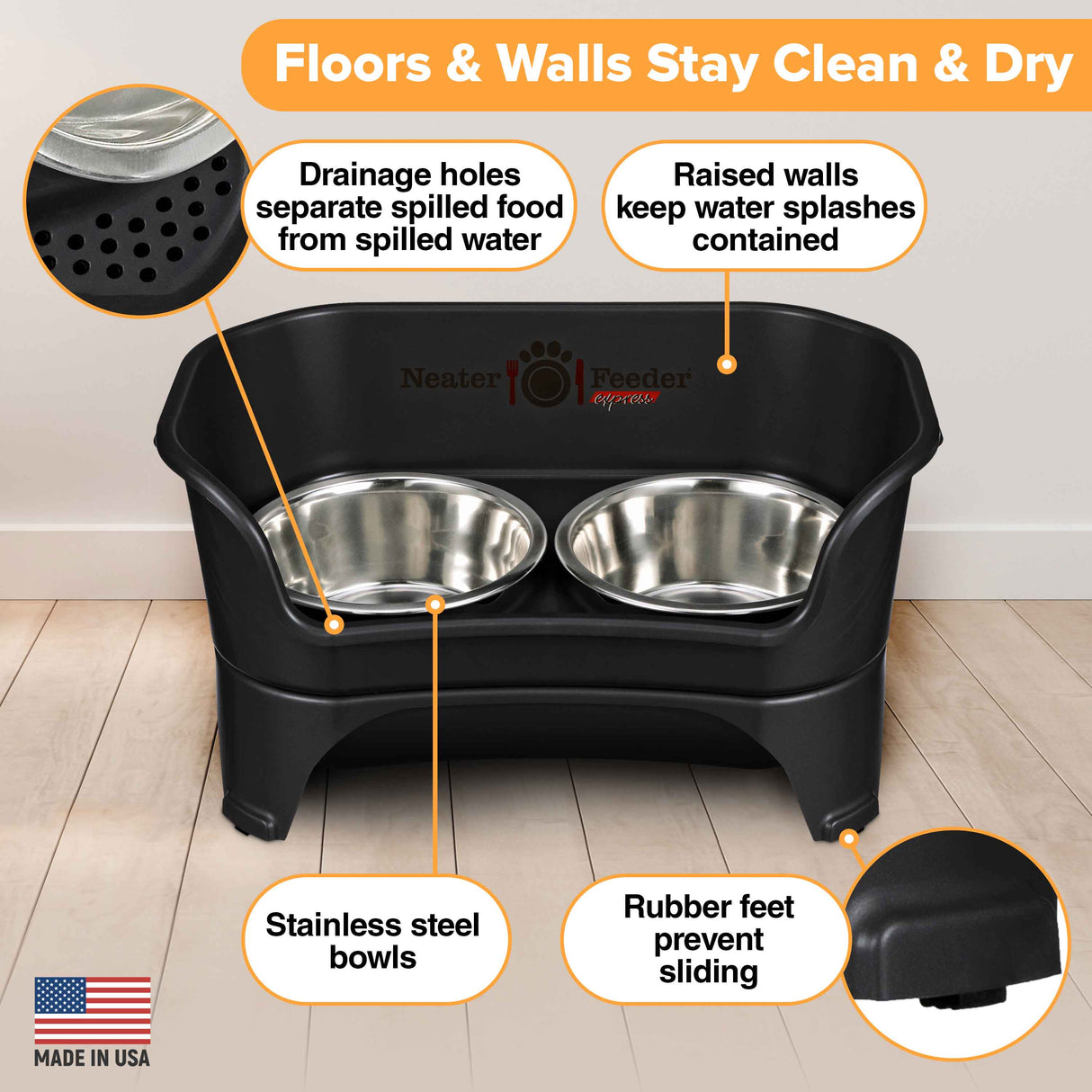Picture explaining the benefits of the Neater Feeder: drainage holes, raised walls, stainless steel bowls, and rubber feet.
