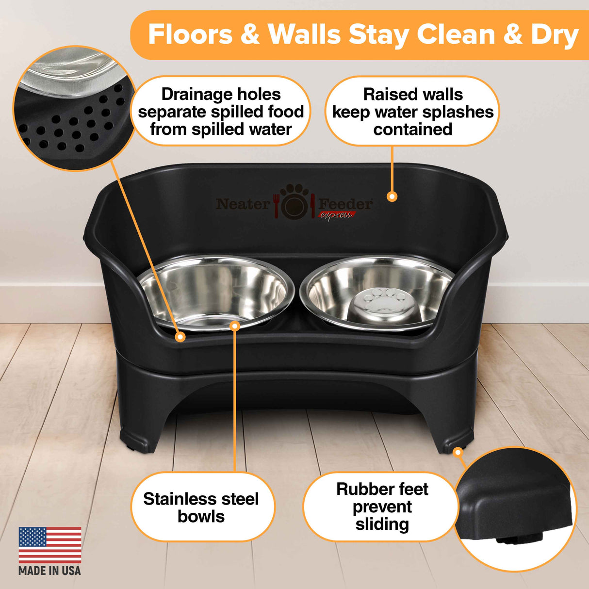 Picture explaining the benefits of the Neater Feeder: drainage holes, raised walls, stainless steel bowls, and rubber feet.
