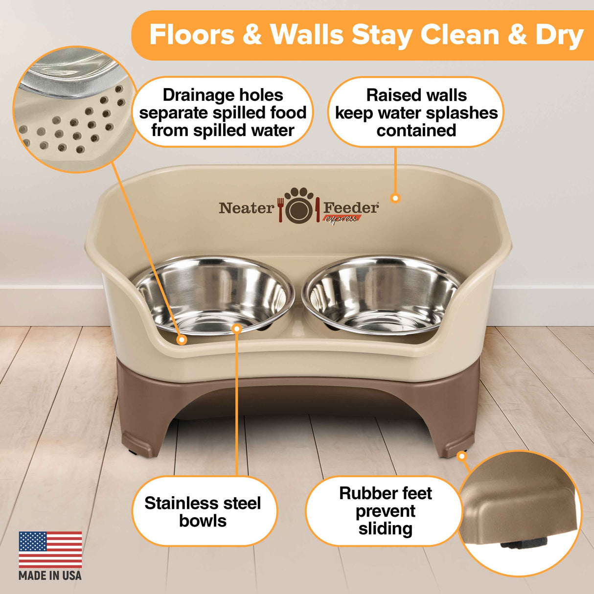 Picture explaining the benefits of the Neater Feeder: drainage holes, raised walls, stainless steel bowls, and rubber feet.