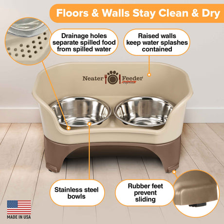Picture explaining the benefits of the Neater Feeder: drainage holes, raised walls, stainless steel bowls, and rubber feet.