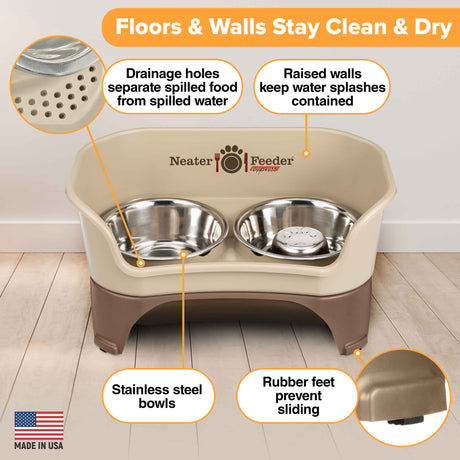 Picture explaining the benefits of the Neater Feeder: drainage holes, raised walls, stainless steel bowls, and rubber feet.