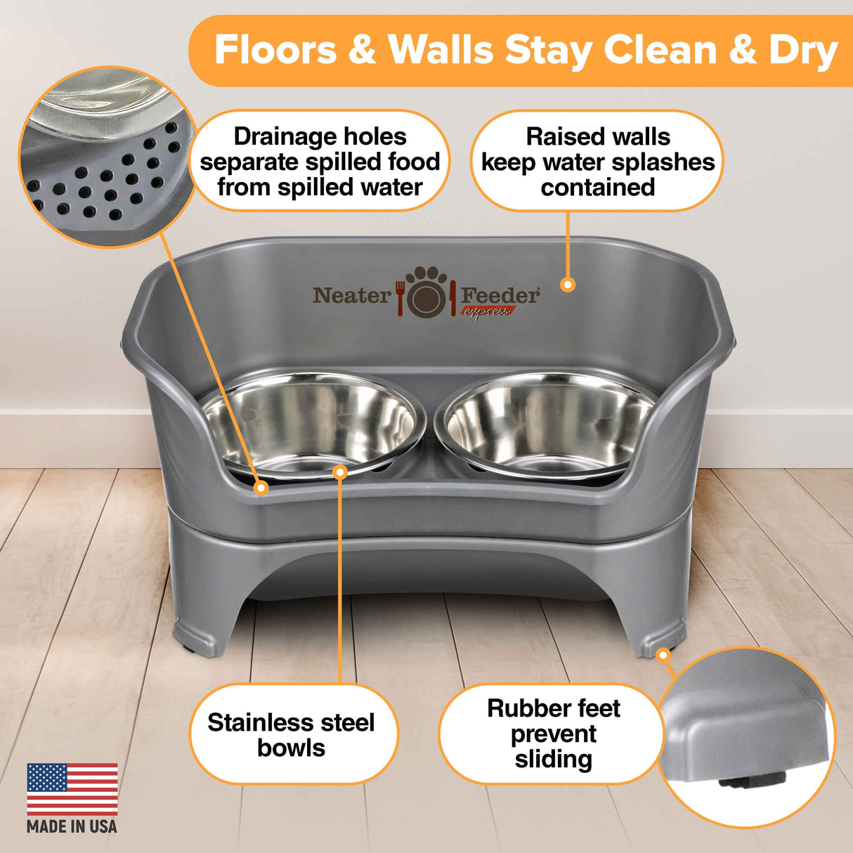 Picture explaining the benefits of the Neater Feeder: drainage holes, raised walls, stainless steel bowls, and rubber feet.
